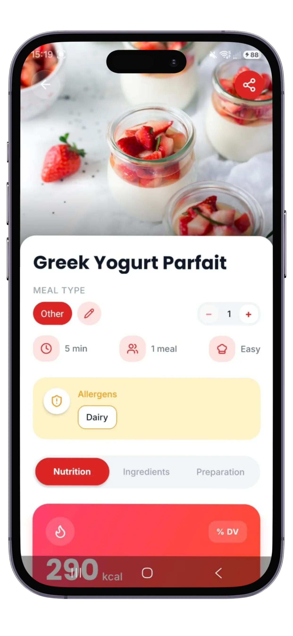 DietAI-App-Bildschirm — sofortige Kalorien- und Makro-Aufschlüsselung