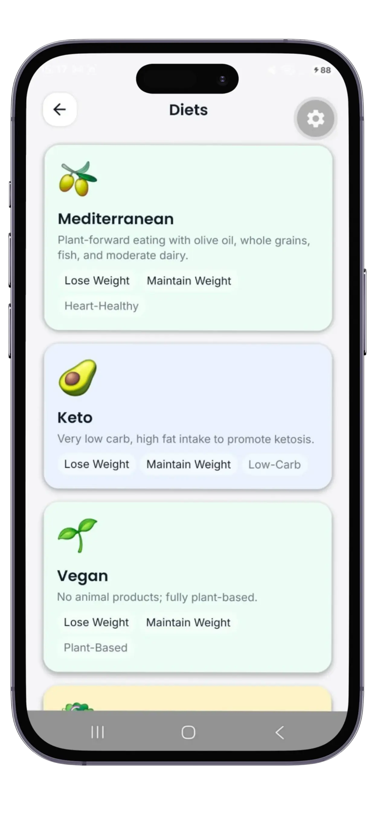 DietAI-App-Bildschirm — Mahlzeitenverlauf und Tagebuch
